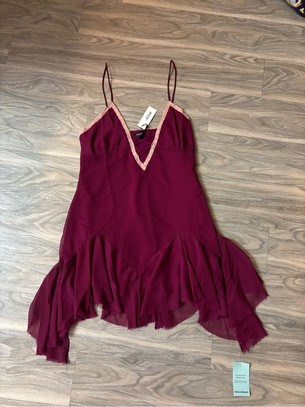 Nasty Gal Burgundy Slip Dress with Blush Lace Trim